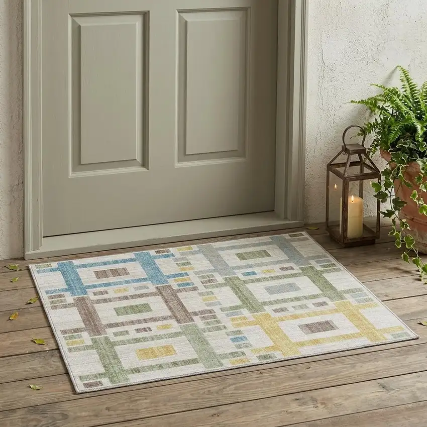 Ivory And Linen Geometric Washable Indoor Outdoor Area Rug Photo 1