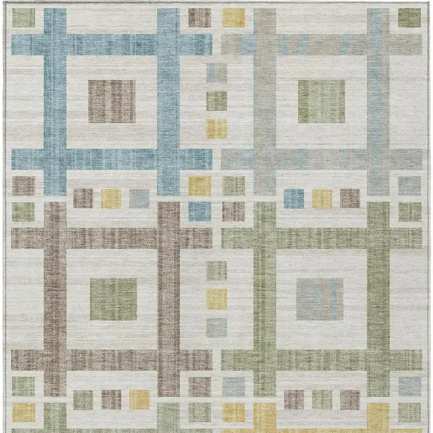 Ivory And Linen Geometric Washable Indoor Outdoor Area Rug Photo 4