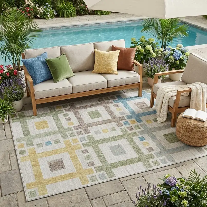 Ivory And Linen Geometric Washable Indoor Outdoor Area Rug Photo 1