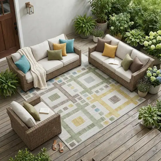 Ivory And Linen Geometric Washable Indoor Outdoor Area Rug Photo 1