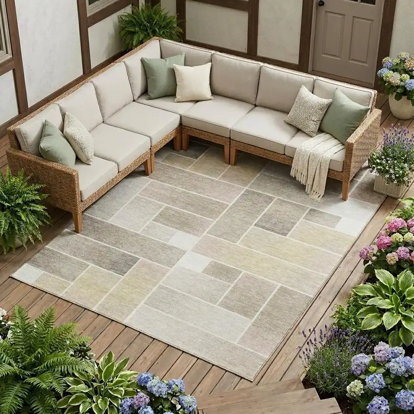 Ivory And Linen Geometric Washable Indoor Outdoor Area Rug Photo 1