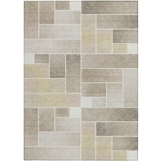 Ivory And Linen Geometric Washable Indoor Outdoor Area Rug Photo 4