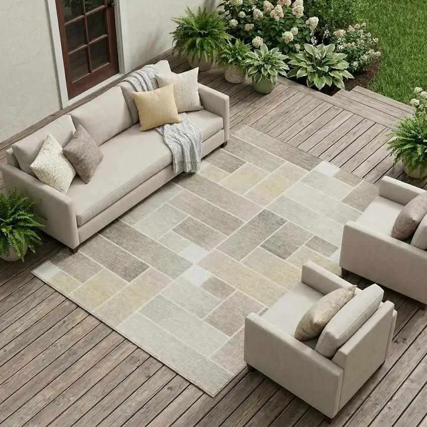 Ivory And Linen Geometric Washable Indoor Outdoor Area Rug Photo 1
