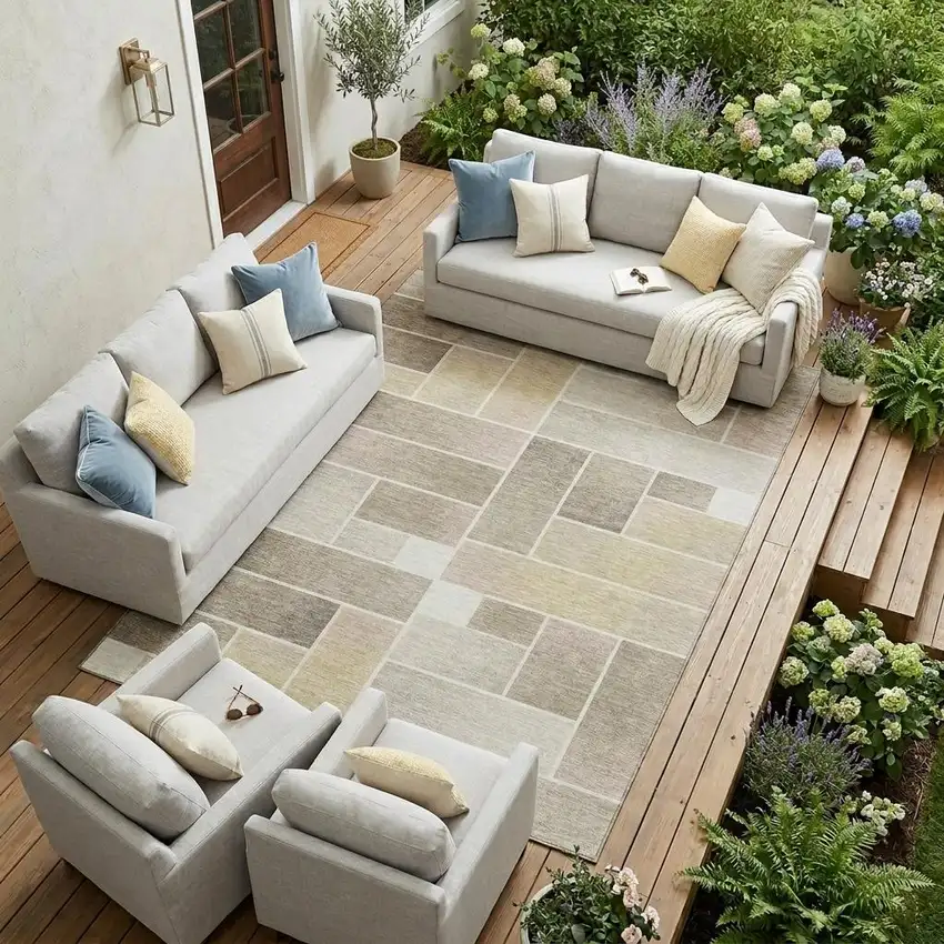 Ivory And Linen Geometric Washable Indoor Outdoor Area Rug Photo 1