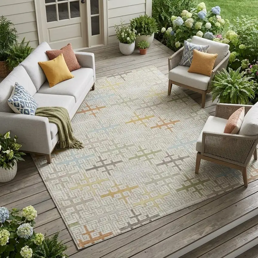 Ivory And Linen Geometric Washable Indoor Outdoor Area Rug Photo 1
