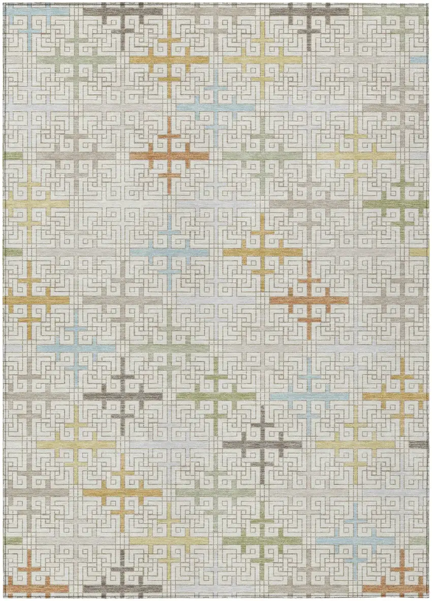 Ivory And Linen Geometric Washable Indoor Outdoor Area Rug Photo 2