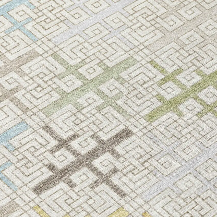 Ivory And Linen Geometric Washable Indoor Outdoor Area Rug Photo 4