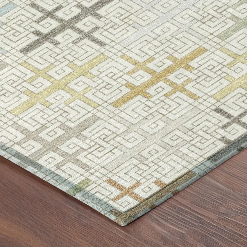 Ivory And Linen Geometric Washable Indoor Outdoor Area Rug Photo 3