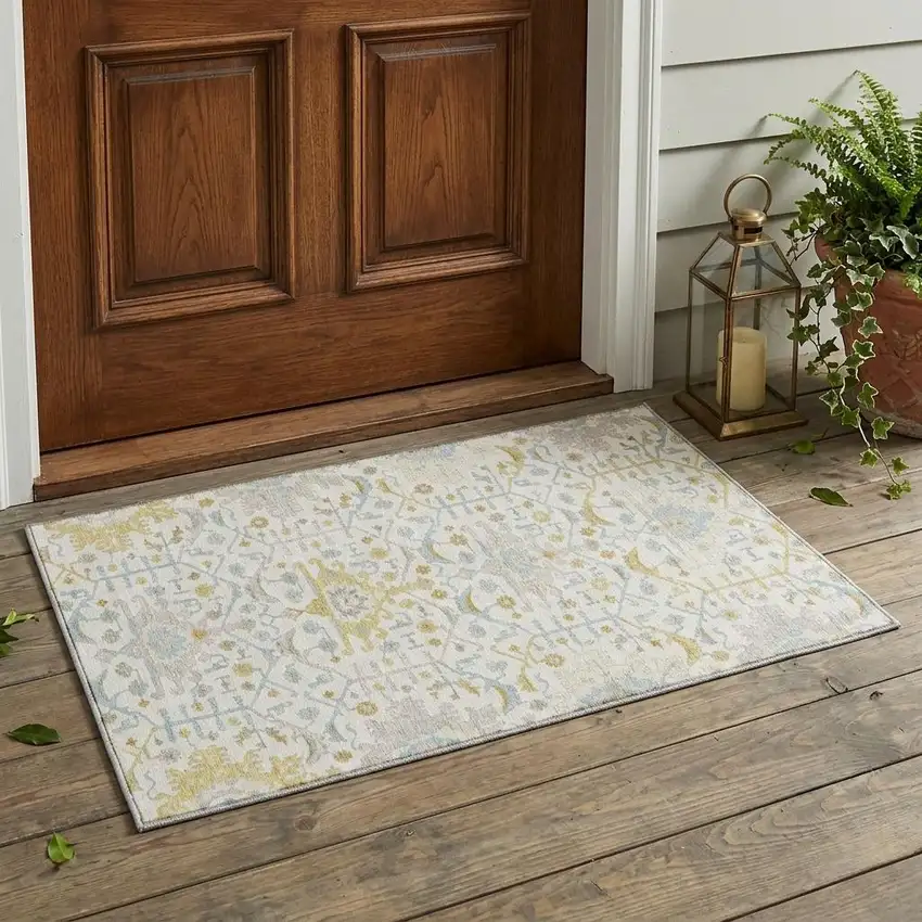 Ivory And Linen Oriental Washable Indoor Outdoor Area Rug Photo 1