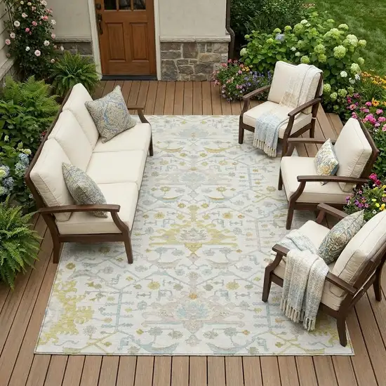 Ivory And Linen Oriental Washable Indoor Outdoor Area Rug Photo 1
