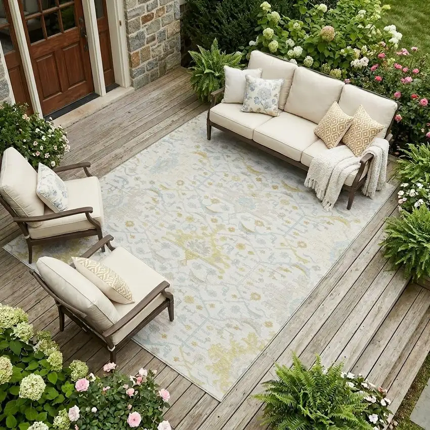 Ivory And Linen Oriental Washable Indoor Outdoor Area Rug Photo 1