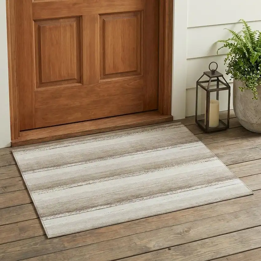 Ivory And Linen Striped Washable Indoor Outdoor Area Rug Photo 1