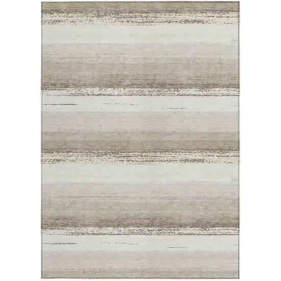Ivory And Linen Striped Washable Indoor Outdoor Area Rug Photo 4