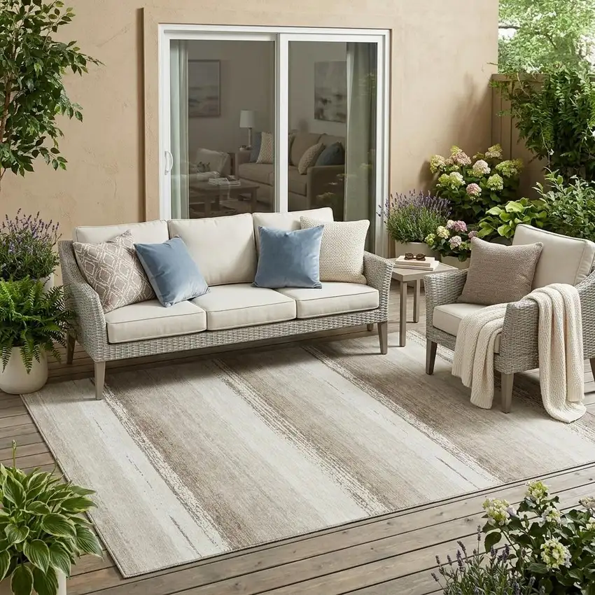Ivory And Linen Striped Washable Indoor Outdoor Area Rug Photo 1