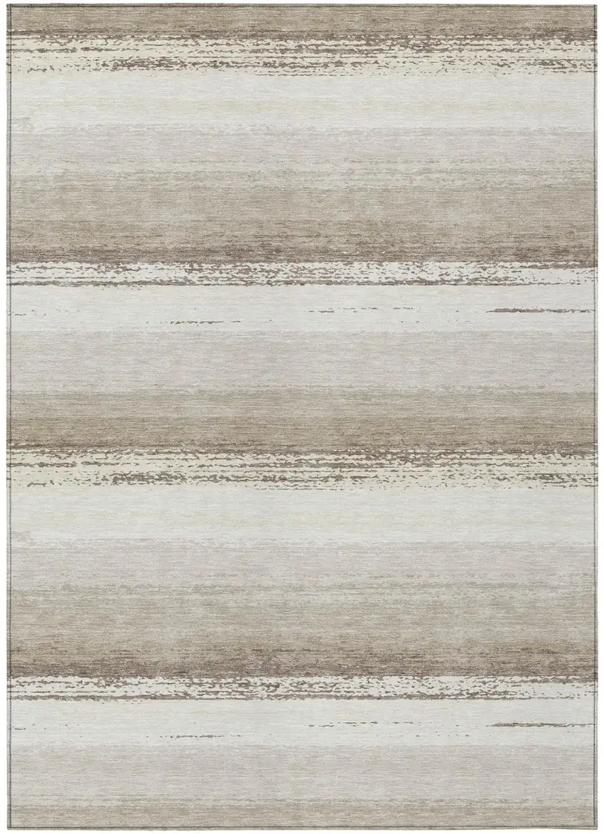 Ivory And Linen Striped Washable Indoor Outdoor Area Rug Photo 2