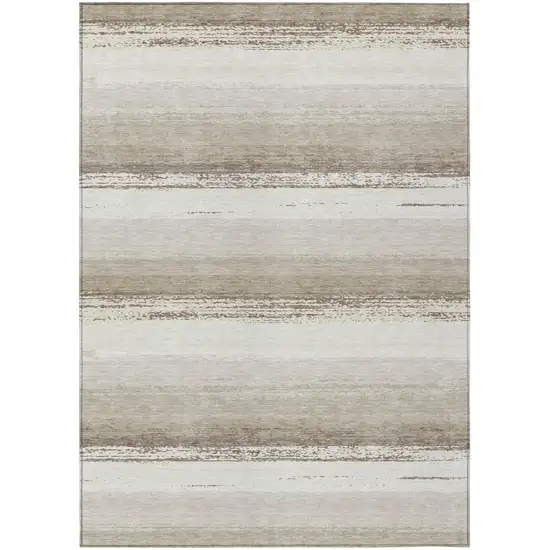 Ivory And Linen Striped Washable Indoor Outdoor Area Rug Photo 2