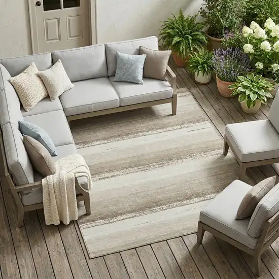 Ivory And Linen Striped Washable Indoor Outdoor Area Rug Photo 1