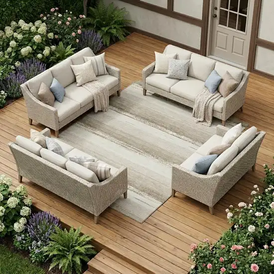 Ivory And Linen Striped Washable Indoor Outdoor Area Rug Photo 1