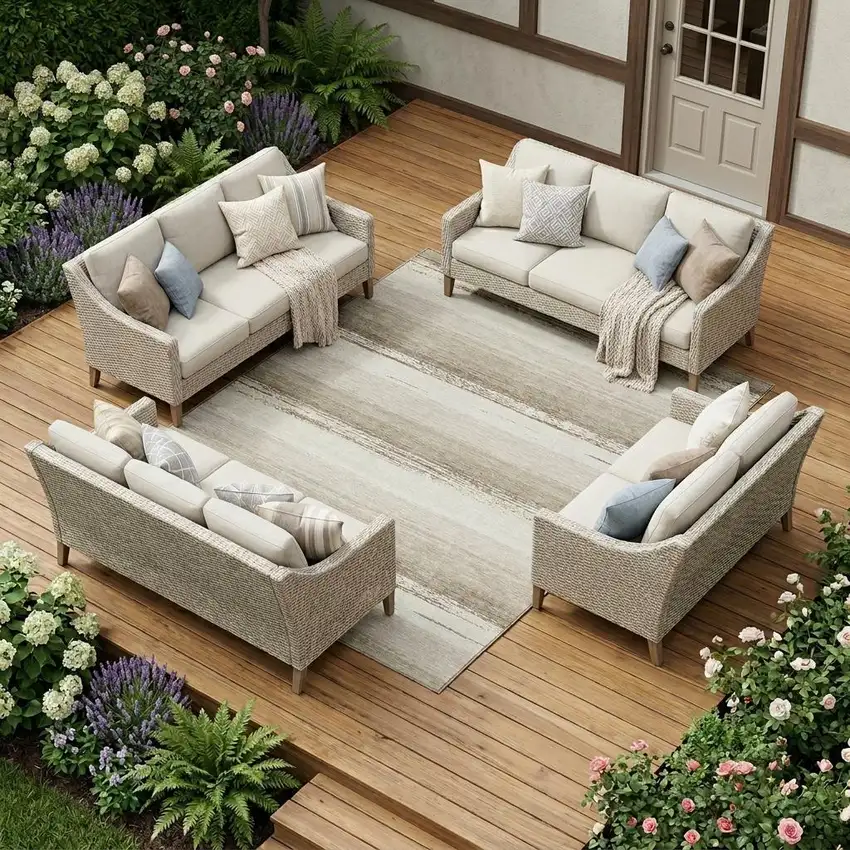 Ivory And Linen Striped Washable Indoor Outdoor Area Rug Photo 1