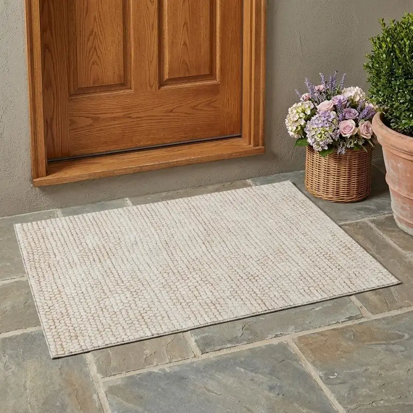 Ivory And Linen Striped Washable Indoor Outdoor Area Rug Photo 1