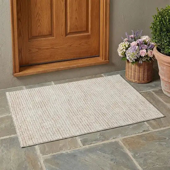 Ivory And Linen Striped Washable Indoor Outdoor Area Rug Photo 1