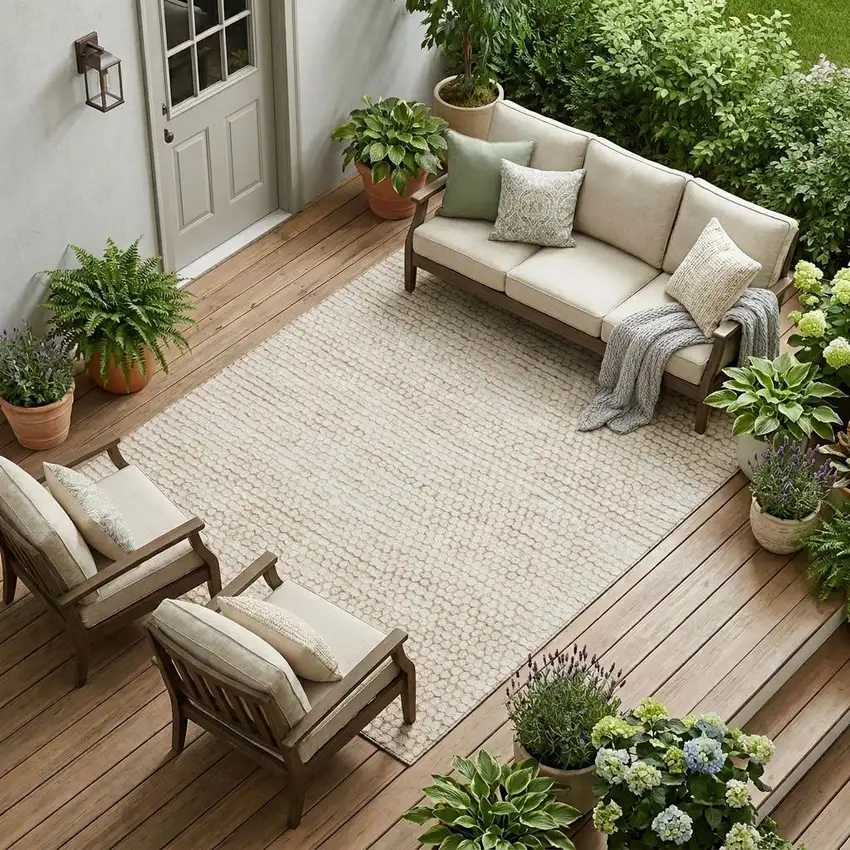 Ivory And Linen Striped Washable Indoor Outdoor Area Rug Photo 1