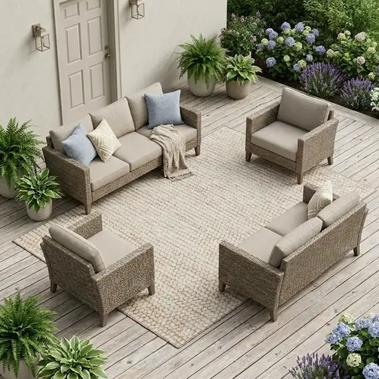 Ivory And Linen Striped Washable Indoor Outdoor Area Rug Photo 1