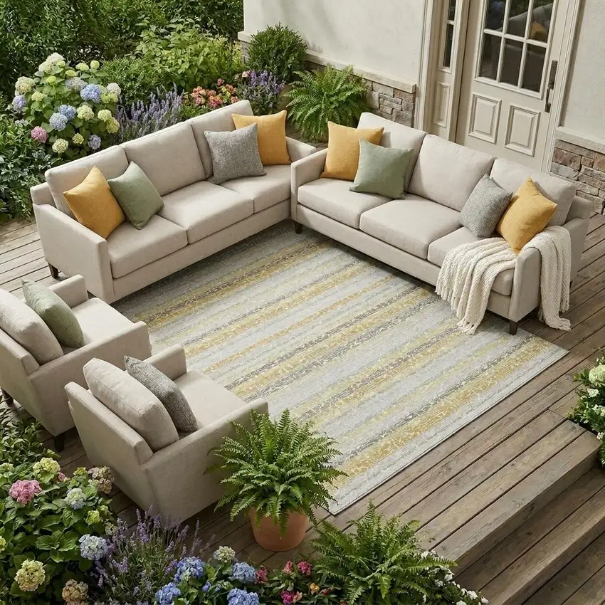 Ivory And Linen Striped Washable Indoor Outdoor Area Rug Photo 1