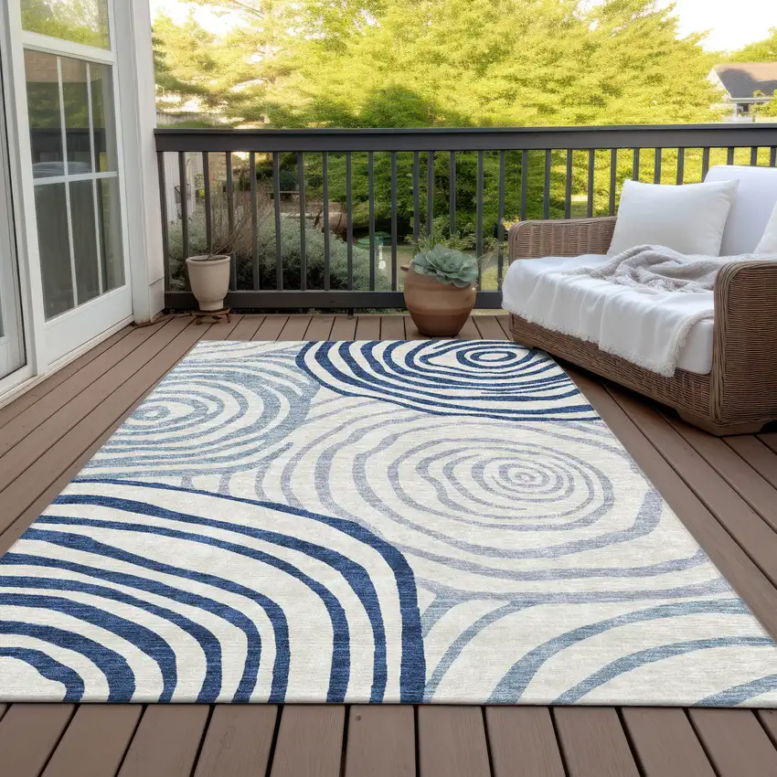 Ivory And Navy Blue Abstract Washable Indoor Outdoor Area Rug Photo 7