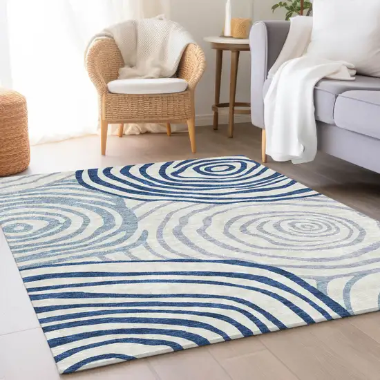 Ivory And Navy Blue Abstract Washable Indoor Outdoor Area Rug Photo 8