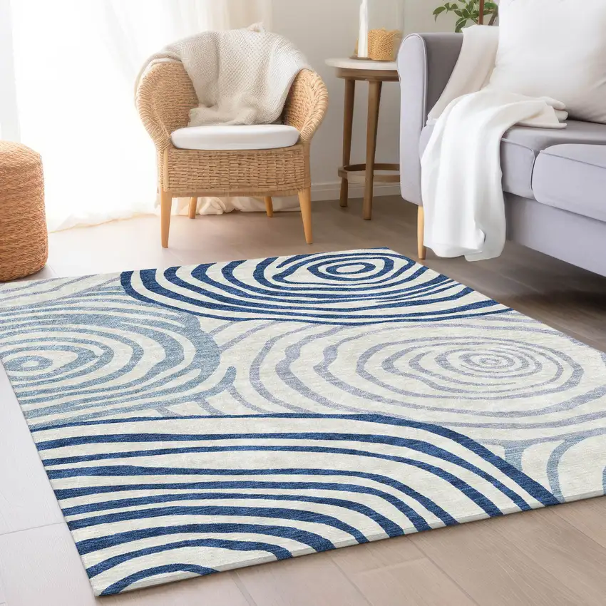 Ivory And Navy Blue Abstract Washable Indoor Outdoor Area Rug Photo 7