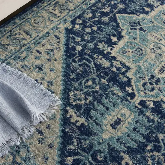 Ivory And Navy Blue Floral Medallion Distressed Area Rug Photo 8