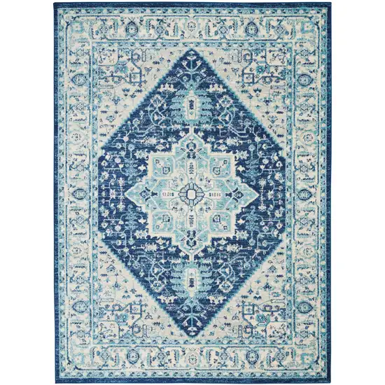 Ivory And Navy Blue Floral Medallion Distressed Area Rug Photo 9
