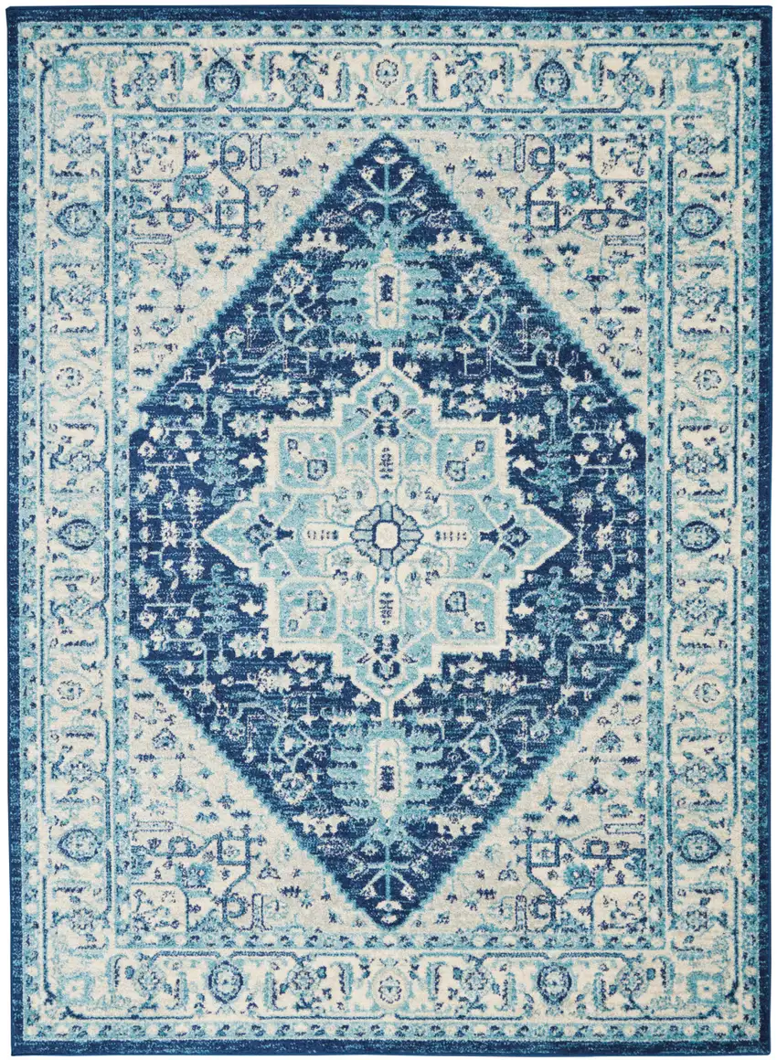 Ivory And Navy Blue Floral Medallion Distressed Area Rug Photo 9