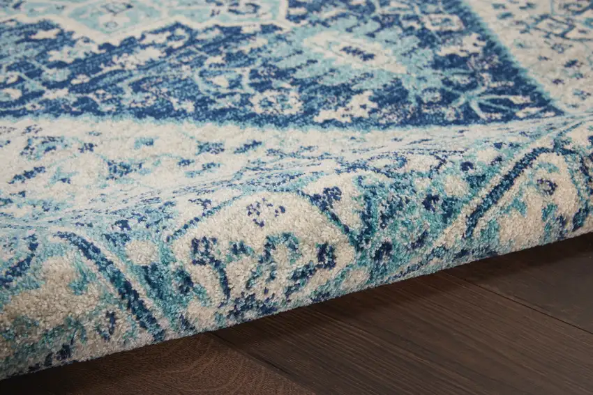 Ivory And Navy Blue Floral Medallion Distressed Area Rug Photo 9