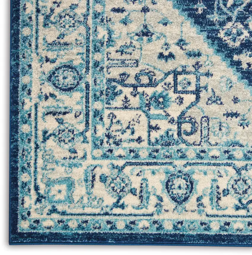 Ivory And Navy Blue Floral Medallion Distressed Area Rug Photo 7