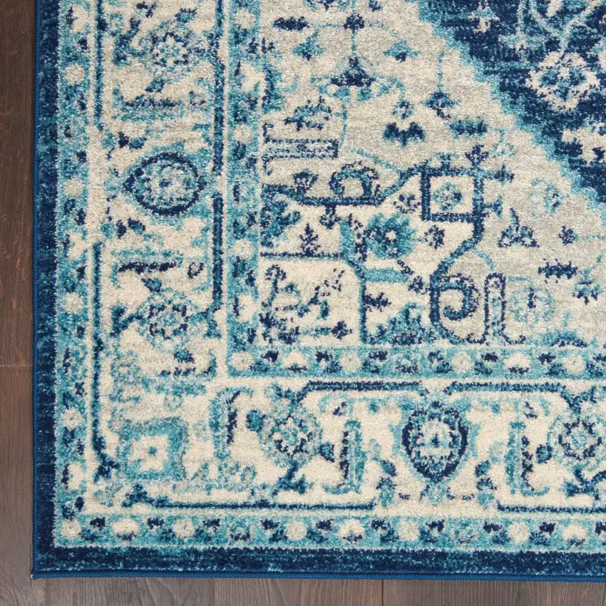 Ivory And Navy Blue Floral Medallion Distressed Area Rug Photo 9