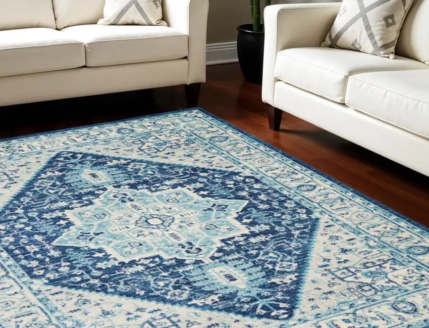 Ivory And Navy Blue Floral Medallion Distressed Area Rug Photo 1