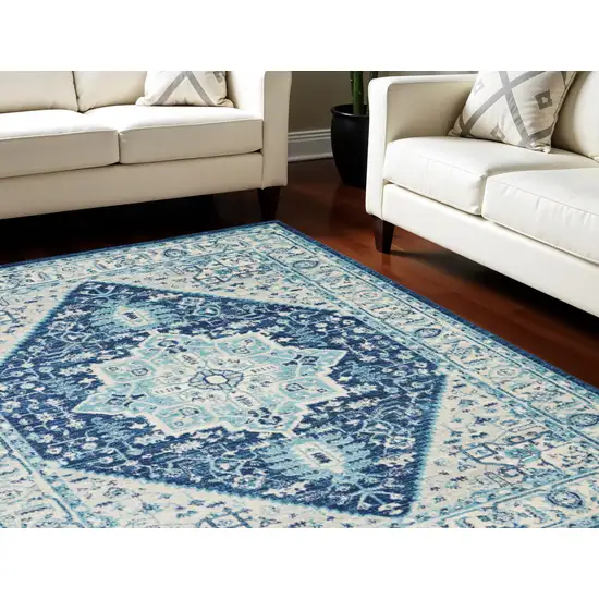 Ivory And Navy Blue Floral Medallion Distressed Area Rug Photo 2