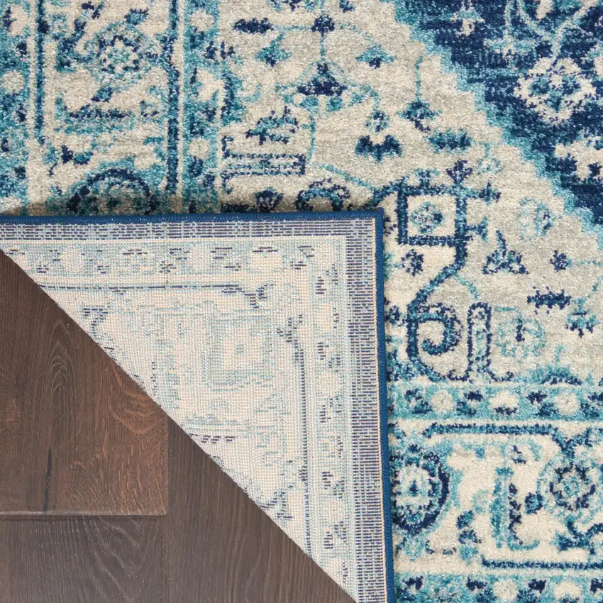 Ivory And Navy Blue Floral Medallion Distressed Area Rug Photo 8