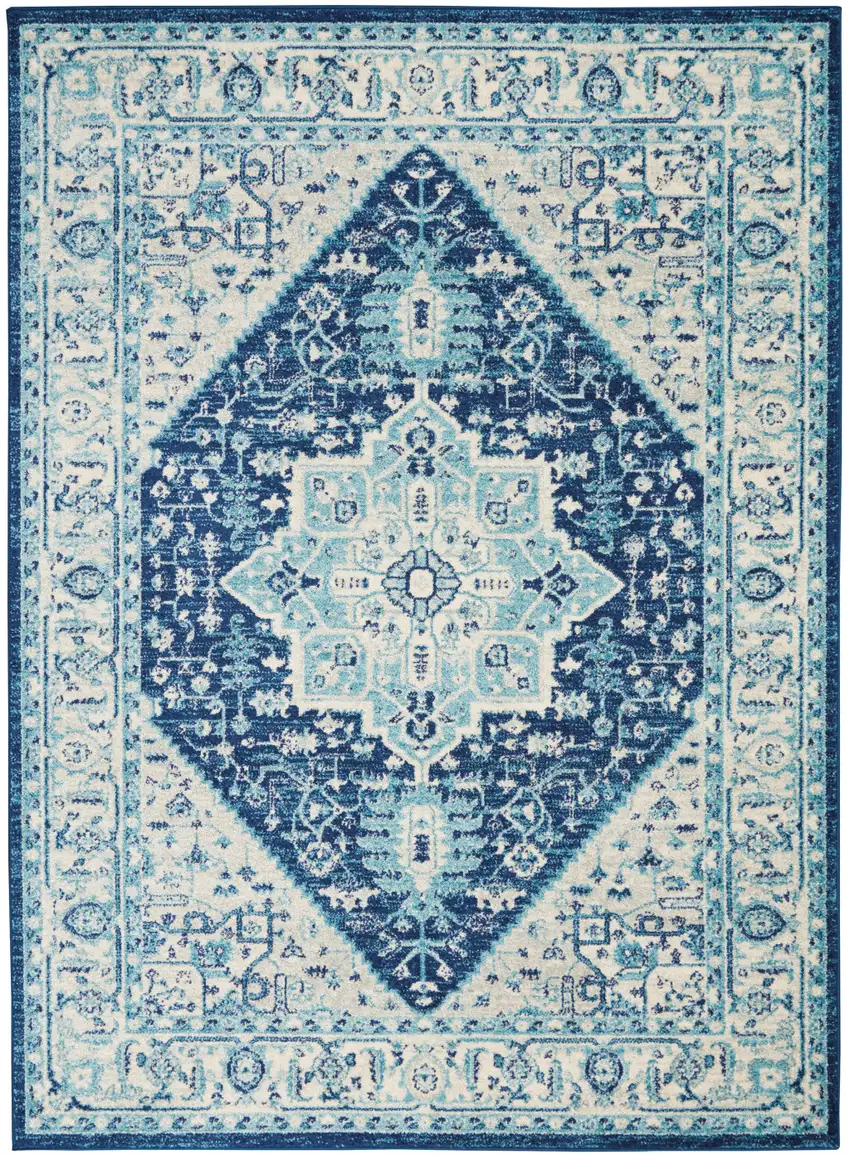 Ivory And Navy Blue Floral Medallion Distressed Area Rug Photo 2