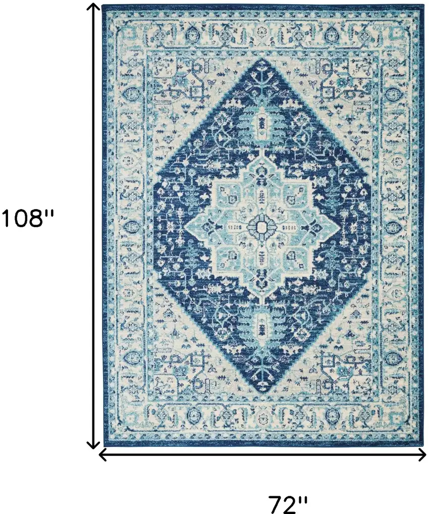 Ivory And Navy Blue Floral Medallion Distressed Area Rug Photo 3