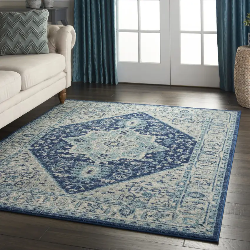 Ivory And Navy Blue Floral Medallion Distressed Area Rug Photo 5