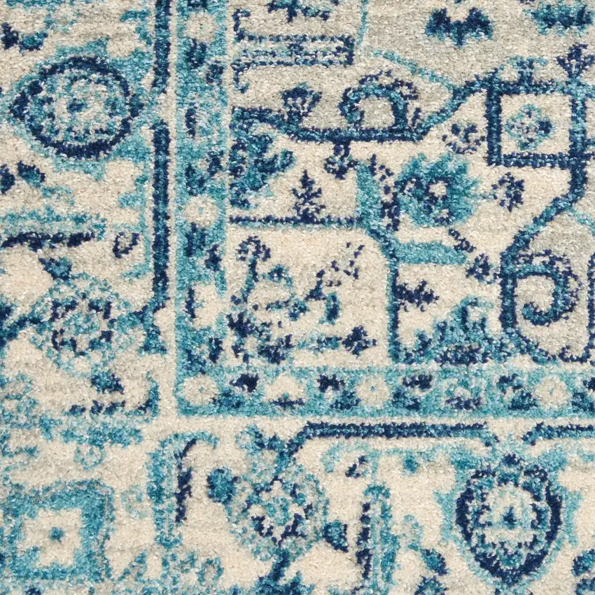 Ivory And Navy Blue Floral Medallion Distressed Area Rug Photo 3