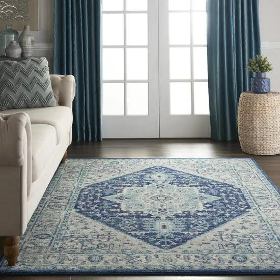 Ivory And Navy Blue Floral Medallion Distressed Area Rug Photo 4