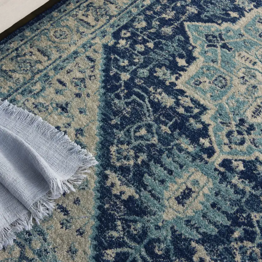 Ivory And Navy Blue Floral Medallion Distressed Area Rug Photo 8