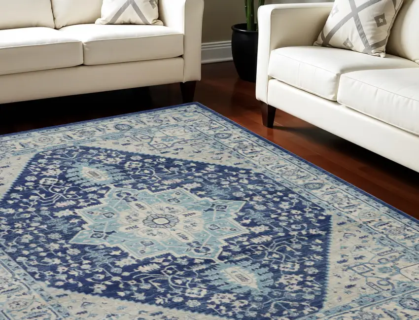 Ivory And Navy Blue Floral Medallion Distressed Area Rug Photo 1