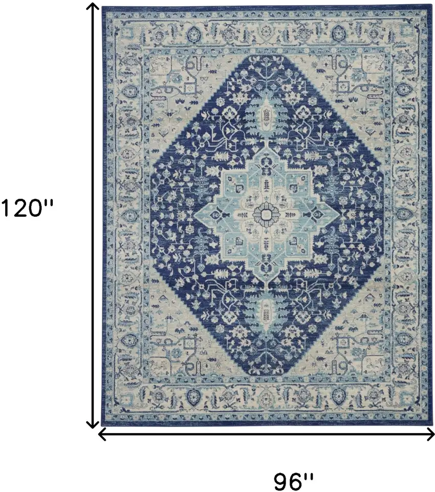 Ivory And Navy Blue Floral Medallion Distressed Area Rug Photo 3