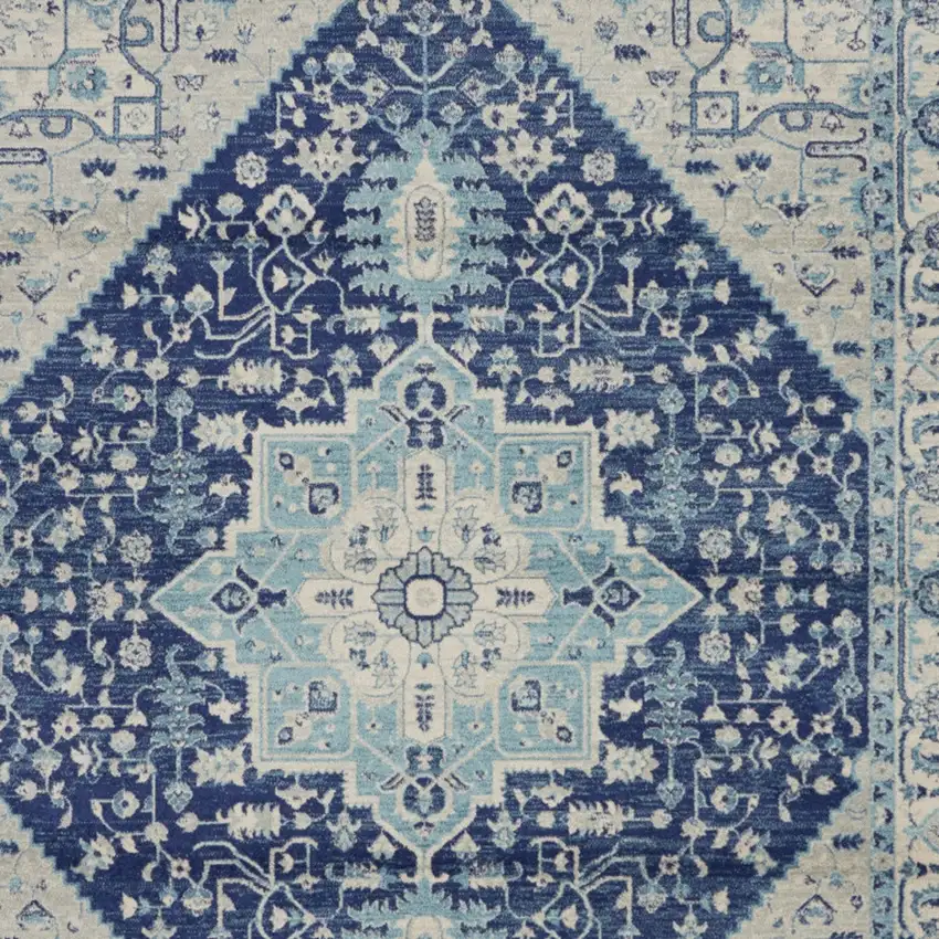 Ivory And Navy Blue Floral Medallion Distressed Area Rug Photo 7