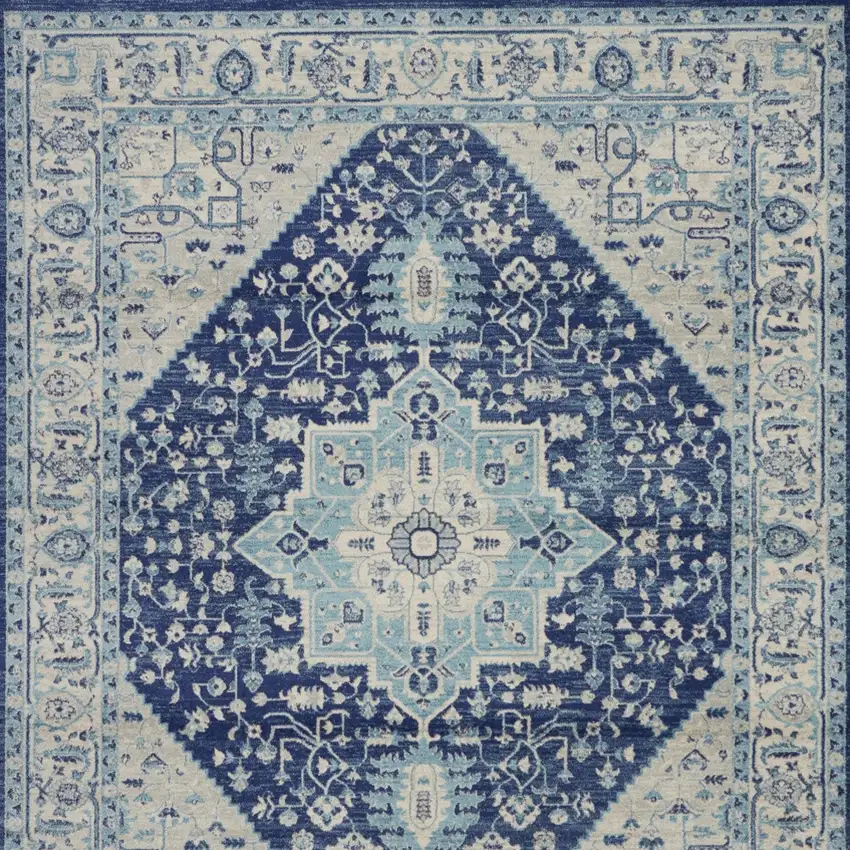 Ivory And Navy Blue Floral Medallion Distressed Area Rug Photo 8